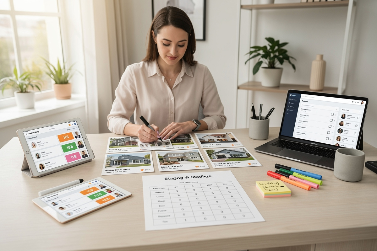 Agent immobilier triant des dossiers pour prioriser le home staging IA