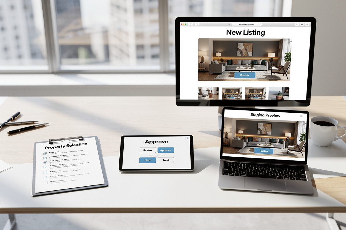 Workflow d’agence du bien sélectionné jusqu’à la publication des visuels en home staging IA