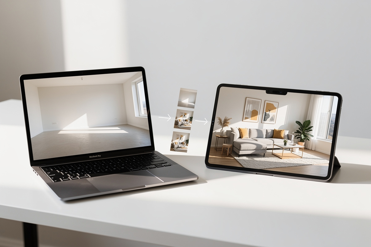 Illustration du workflow de home staging IA entre photo source et rendu final.