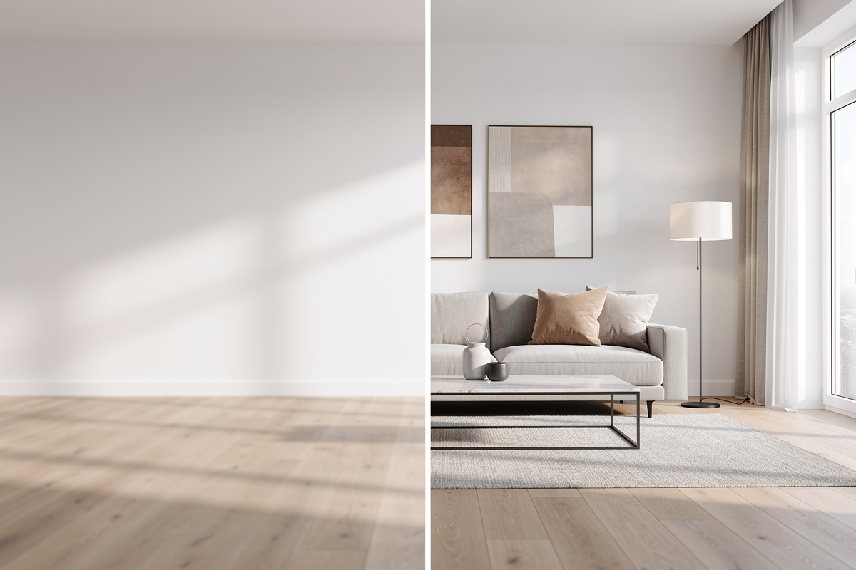 Avant après crédible de home staging IA avec cohérence visuelle et rendu réaliste.