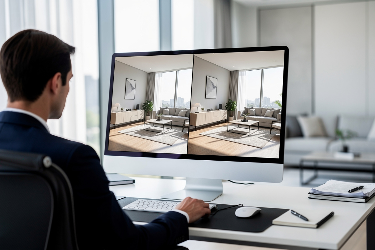 Contrôle qualité d’un home staging IA avec vérification de la lumière de la perspective et des volumes