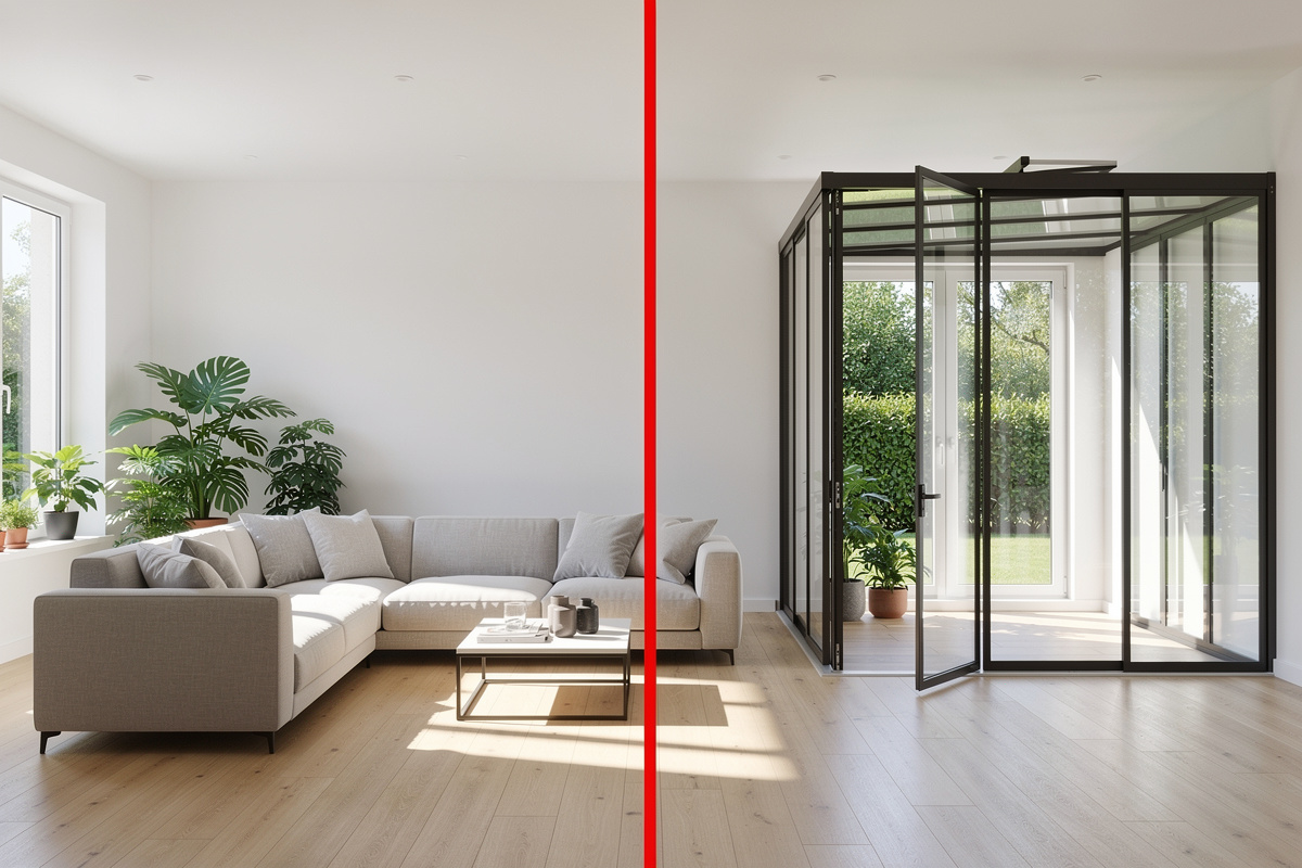 Comparaison entre home staging IA légal d'un canapé virtuel et ajout trompeur d'une véranda inexistante dans une annonce