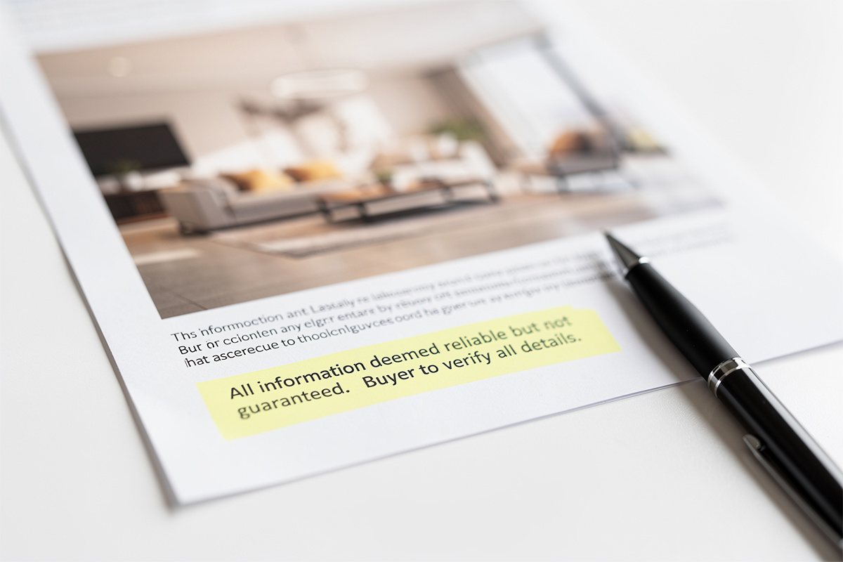 Mention obligatoire home staging IA mise en évidence sur une annonce immobilière imprimée avec un marqueur jaune