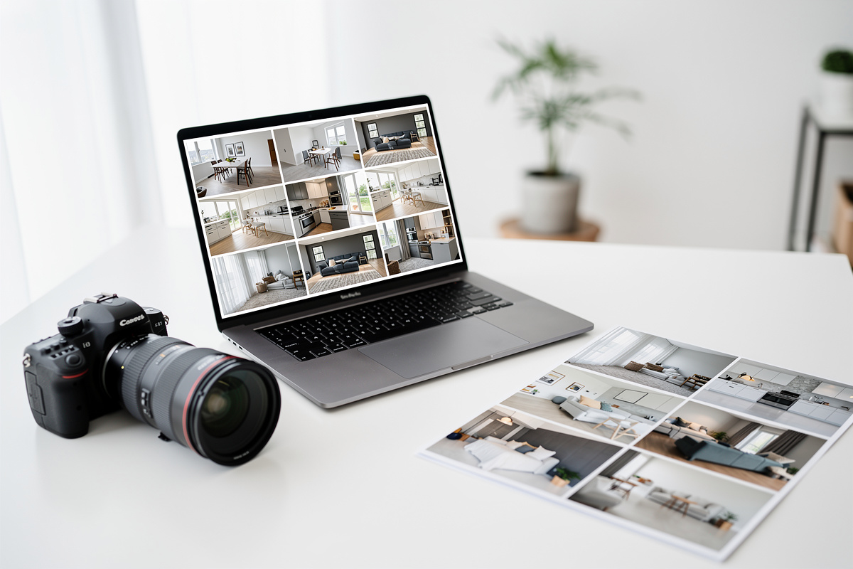 Préparation des photos immobilières avant home staging IA sur un bureau professionnel