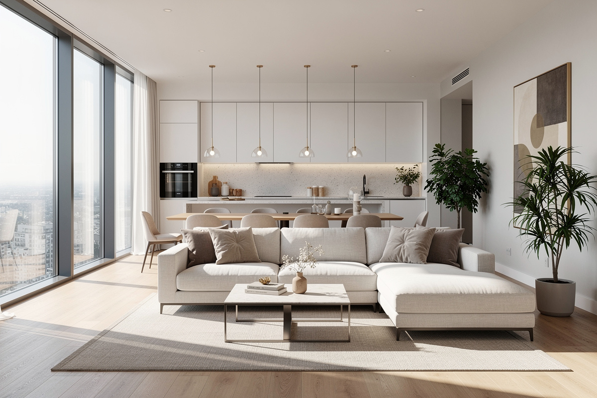 Home staging IA des pièces prioritaires d’un bien immobilier, avec salon lumineux et décor moderne