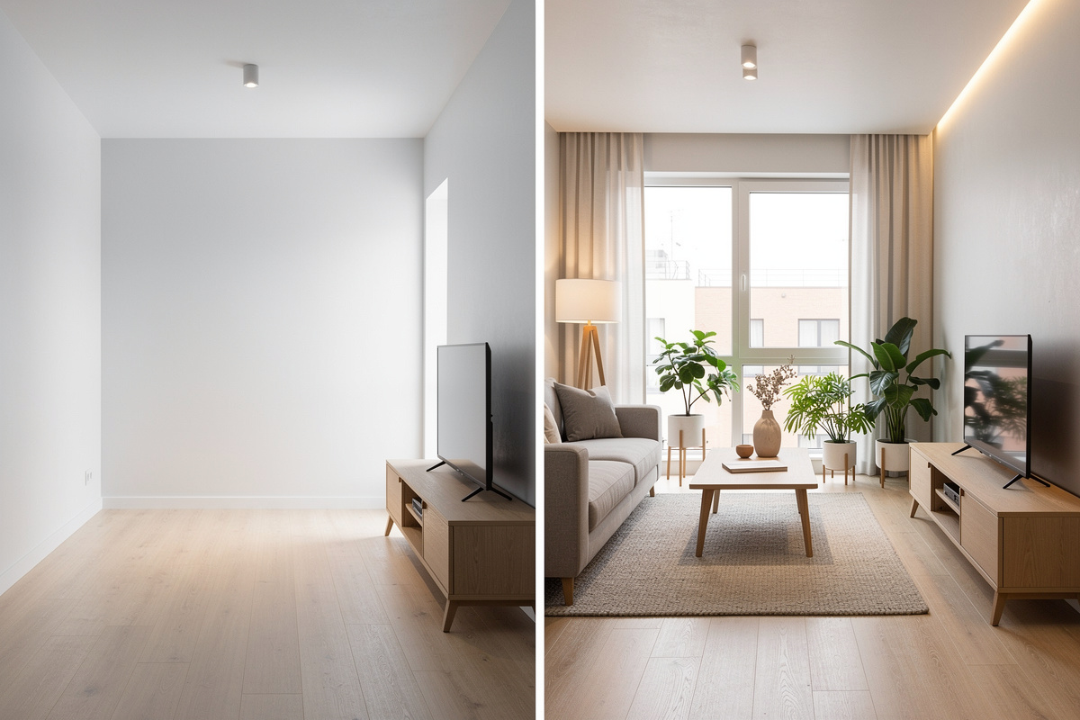 Étude de cas avant-après home staging virtuel IA sur un studio parisien de 20m² mis en vente