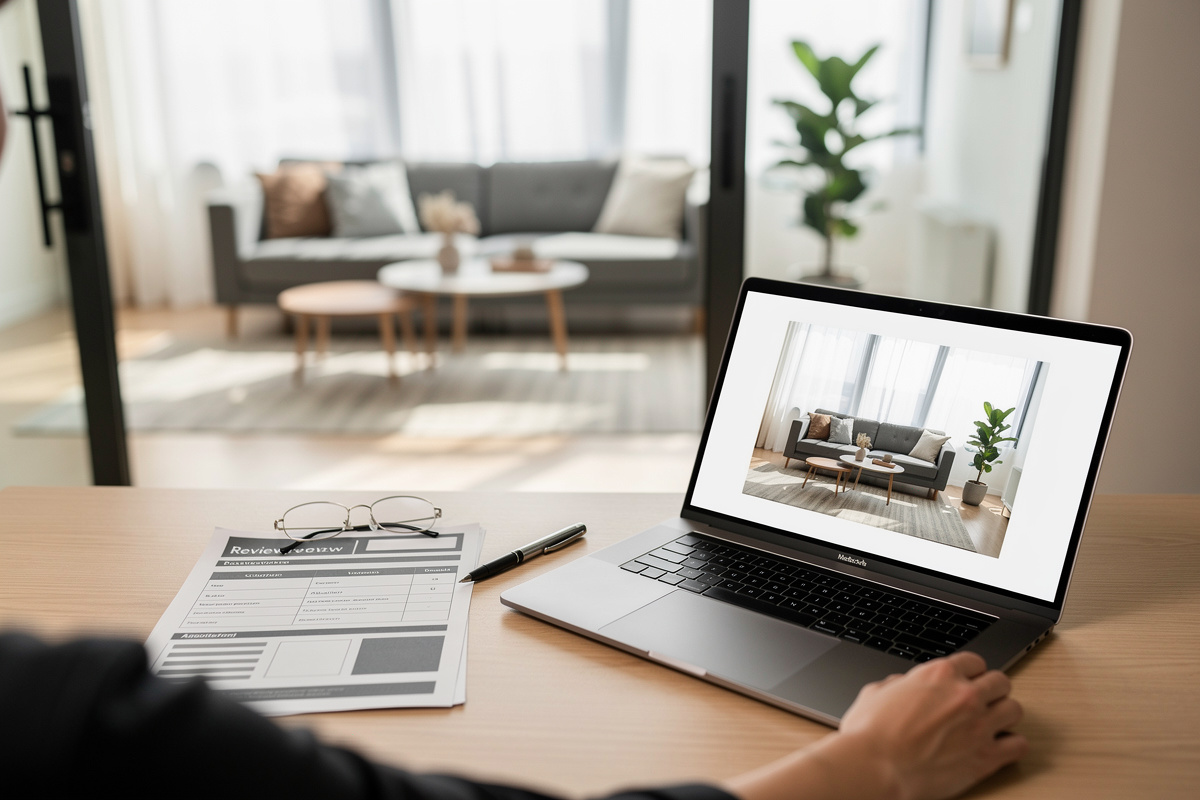 Workflow immobilier avec validation avant publication d’un visuel de home staging IA