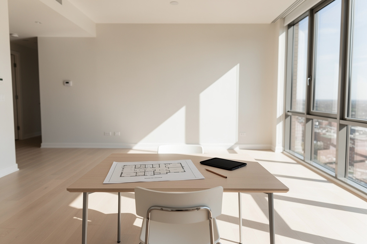 Appartement vide à prioriser pour le home staging IA avec volumes lumineux et clairs