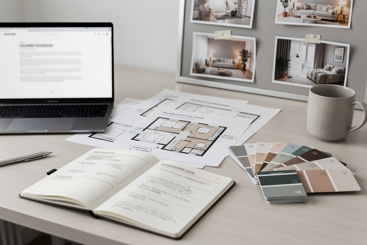 Brief créatif home staging IA avec plans, palette de couleurs et préparation en agence