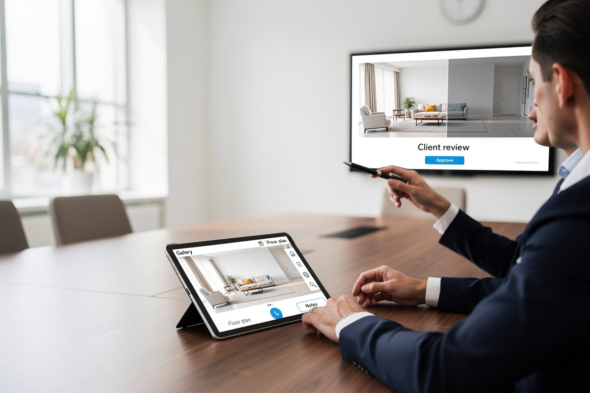 Validation client du home staging IA avec visuels présentés de façon claire et pédagogique