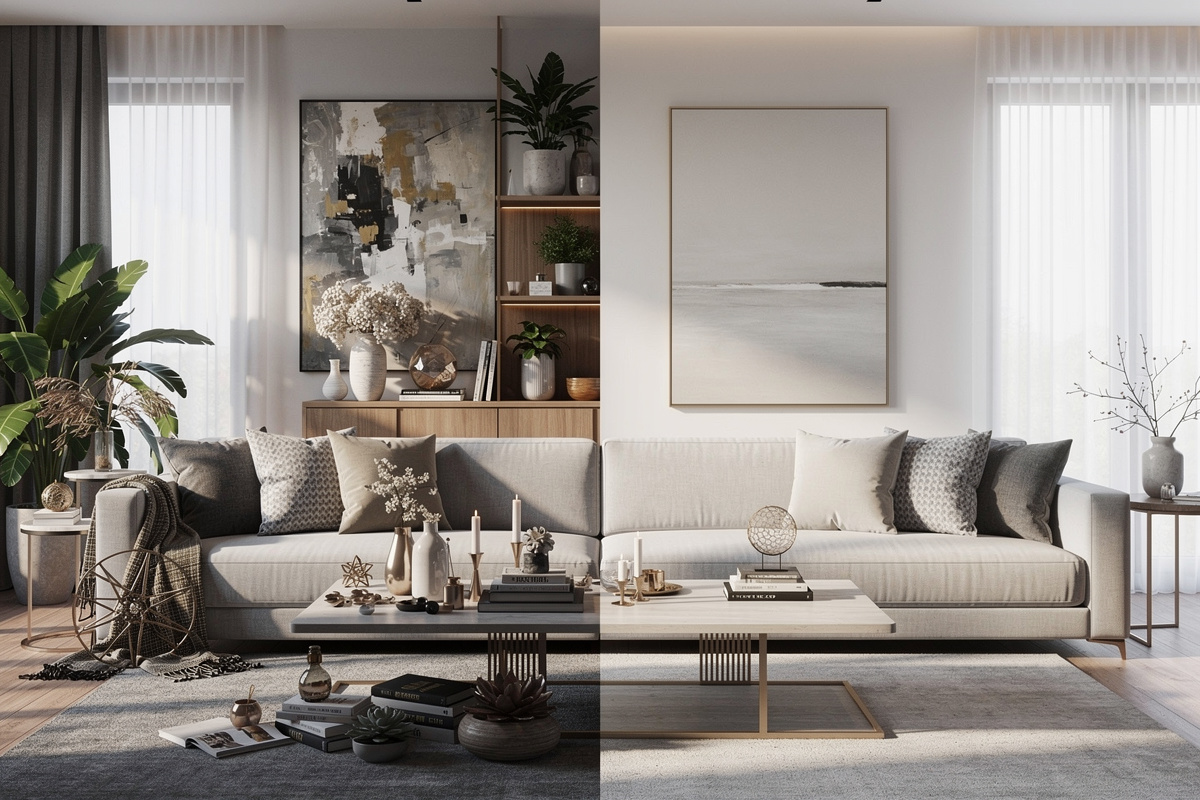 Pièce trop décorée puis rééquilibrée pour éviter les erreurs de home staging pas cher