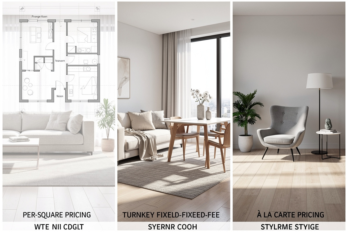 Comparatif visuel des formules de home staging prix au m², au forfait et à la prestation