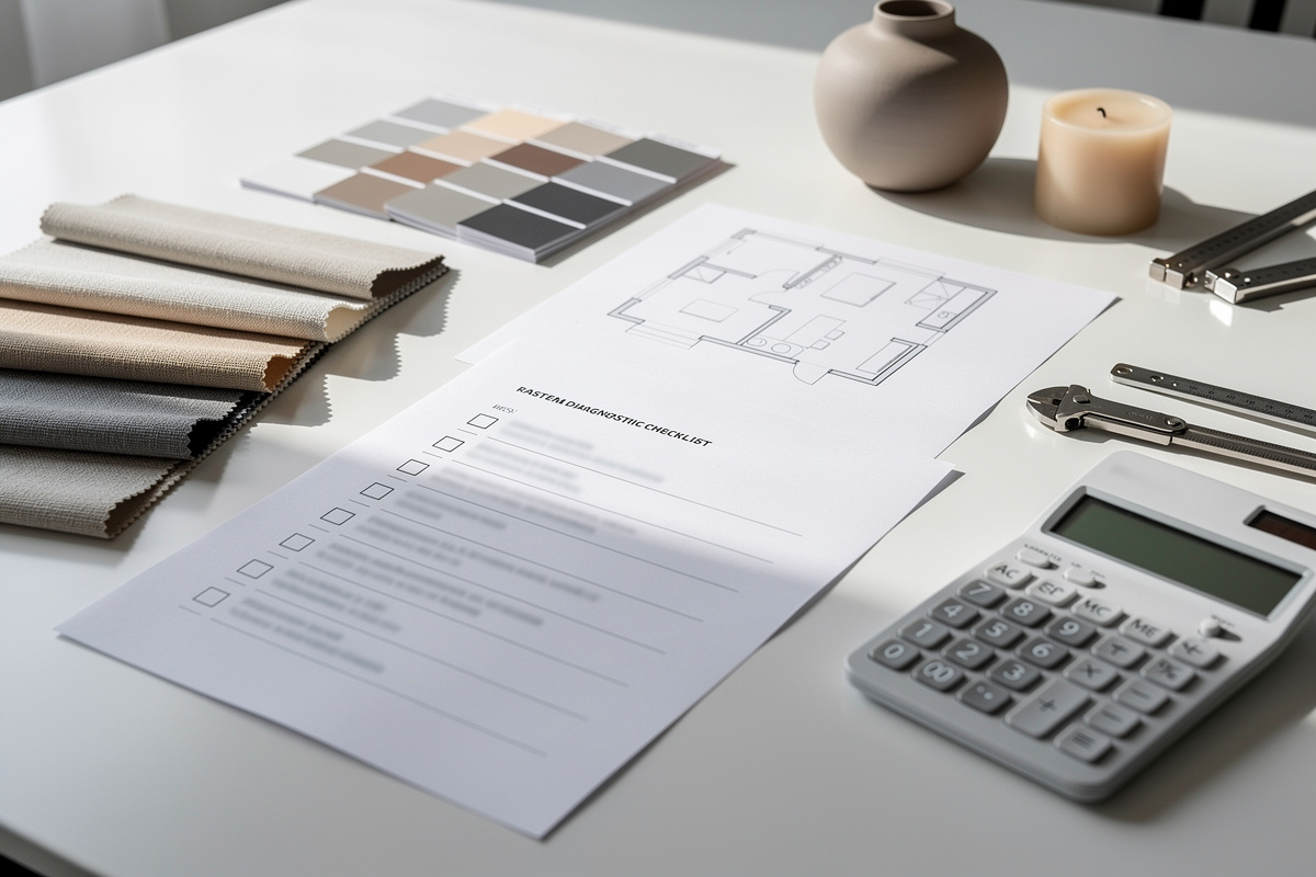 Table de travail avec checklist et accessoires pour illustrer ce que comprend le home staging prix