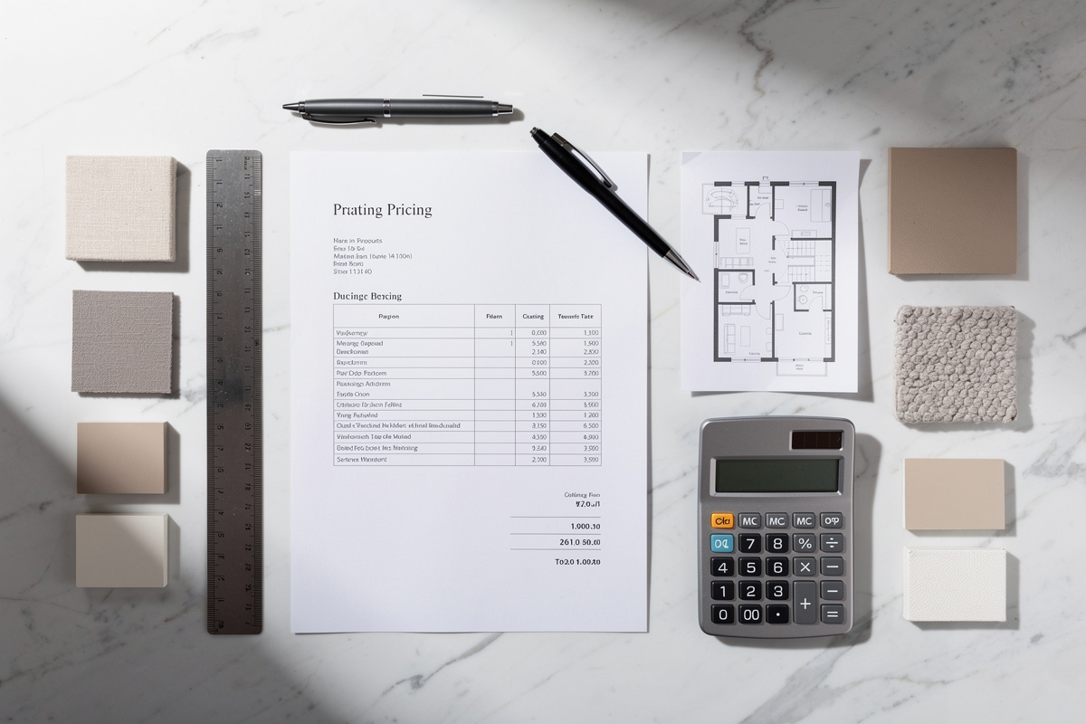Grille tarifaire home staging posée sur un bureau avec plan de bien immobilier et calculatrice