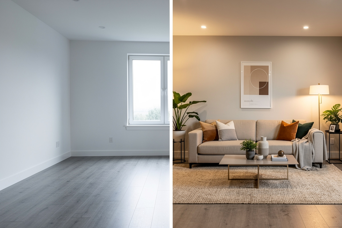 Comparaison home staging bien vide versus bien meublé montrant l'impact visuel et la différence de coût