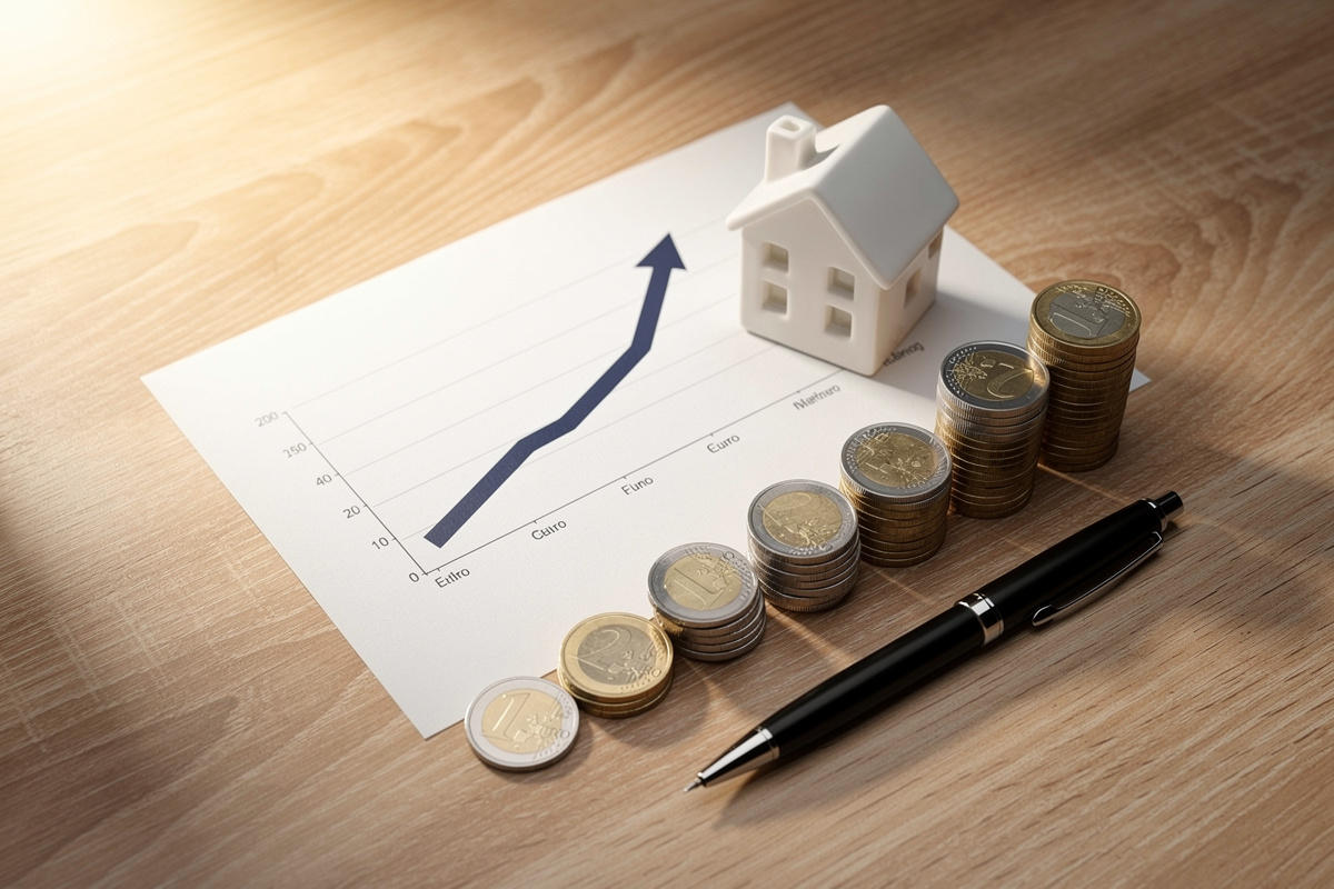 Simulation ROI home staging avec graphique de rentabilité et maquette de maison sur bureau professionnel