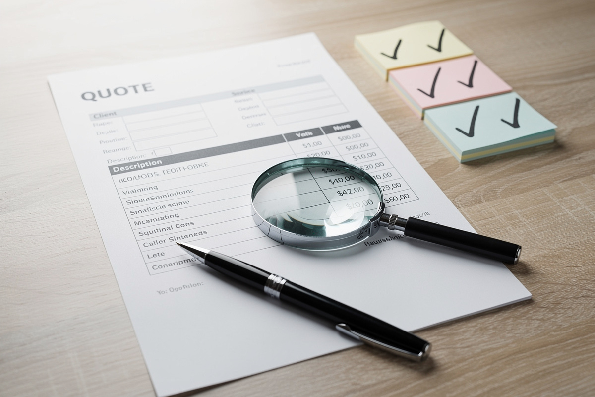 Lecture d'un devis home staging détaillé avec loupe et annotations pour identifier les postes inclus