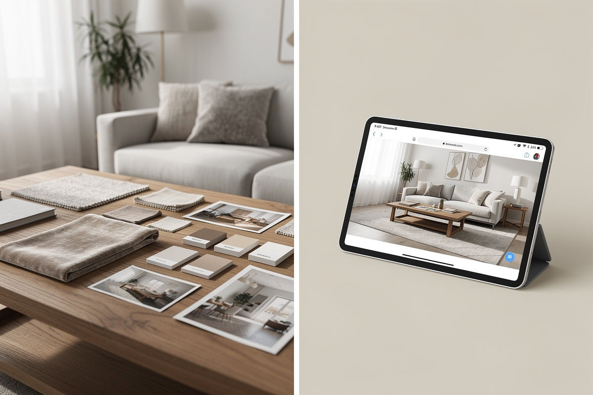 Comparaison entre home staging classique avec matériaux physiques et home staging virtuel réalisé en ligne sur tablette