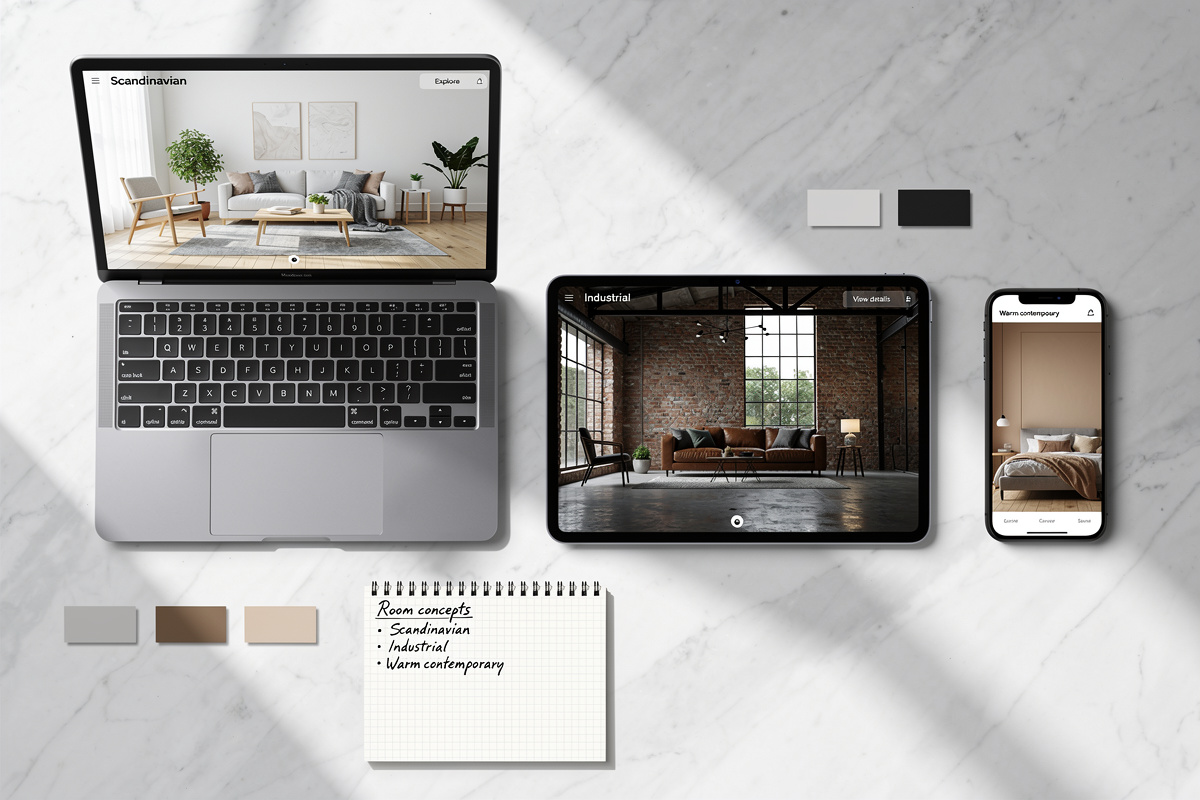 Comparatif de trois outils de home staging virtuel gratuit affichés sur ordinateur, tablette et smartphone côte à côte