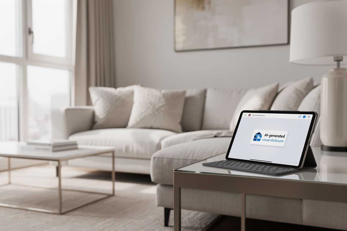 Transparence sur un visuel de home staging virtuel IA retouché ou généré par IA
