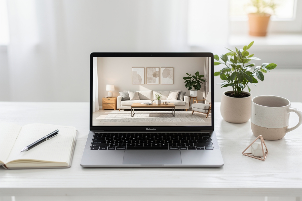FAQ sur le home staging virtuel IA avec ordinateur portable et intérieur stagé