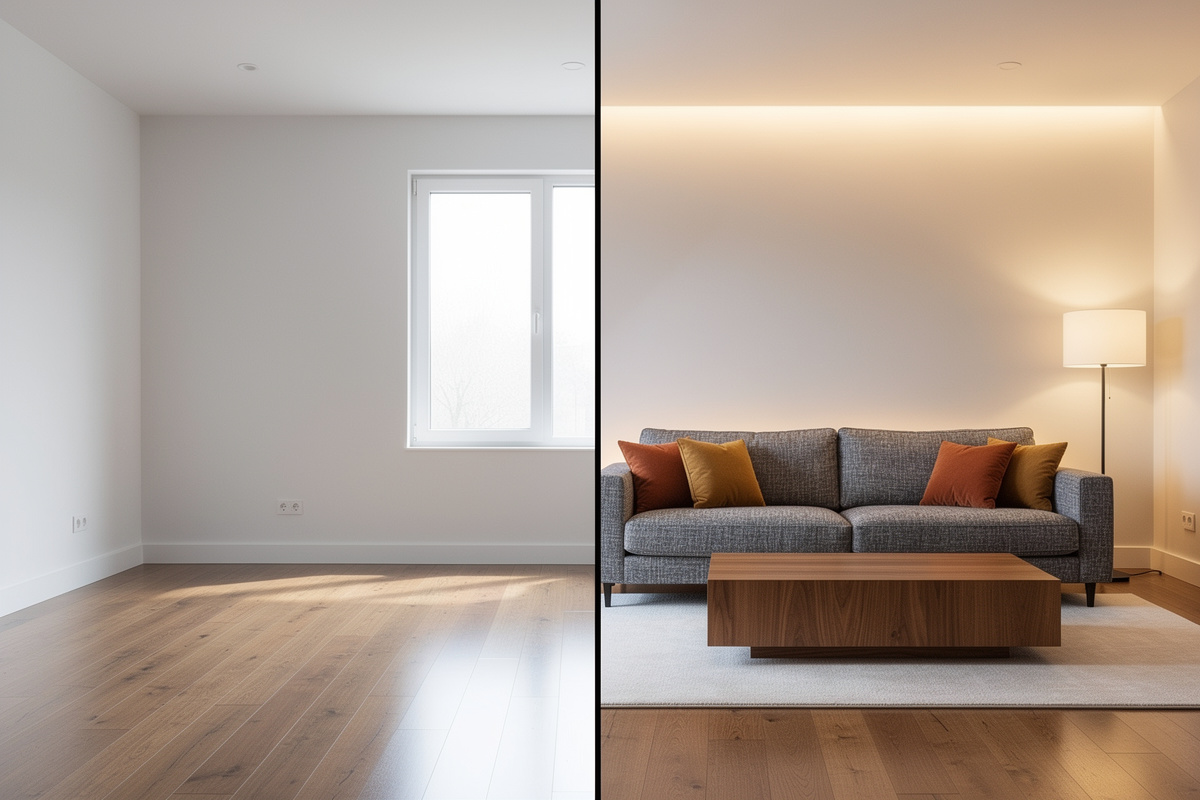 Résultat concret du home staging virtuel IA sur un salon vide transformé en pièce meublée et lumineuse