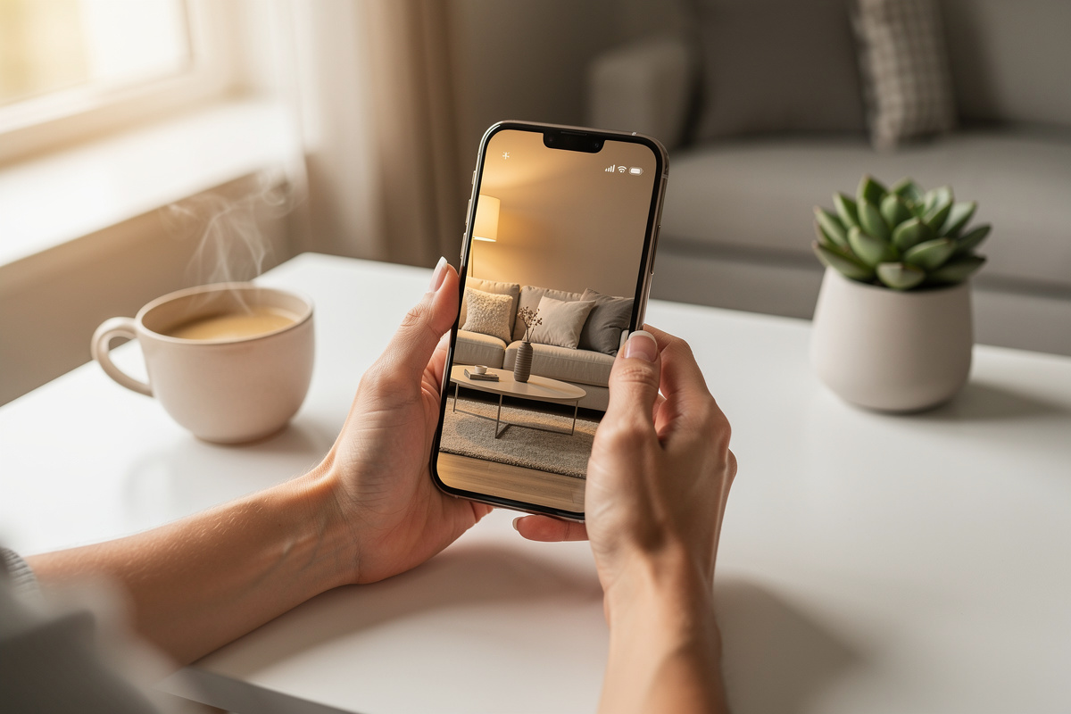 Propriétaire consultant les options de home staging virtuel IA sur smartphone pour optimiser son annonce