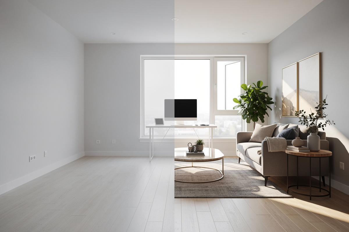 Workflow de home staging virtuel montrant la transformation d’une photo en intérieur meublé réaliste.