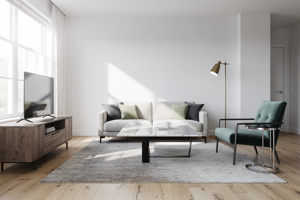 Erreurs de home staging virtuel illustrées dans un intérieur immobilier au rendu réaliste.