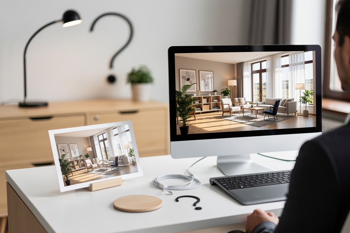 Espace de travail illustrant les questions fréquentes sur le home staging virtuel et la comparaison avant-après.