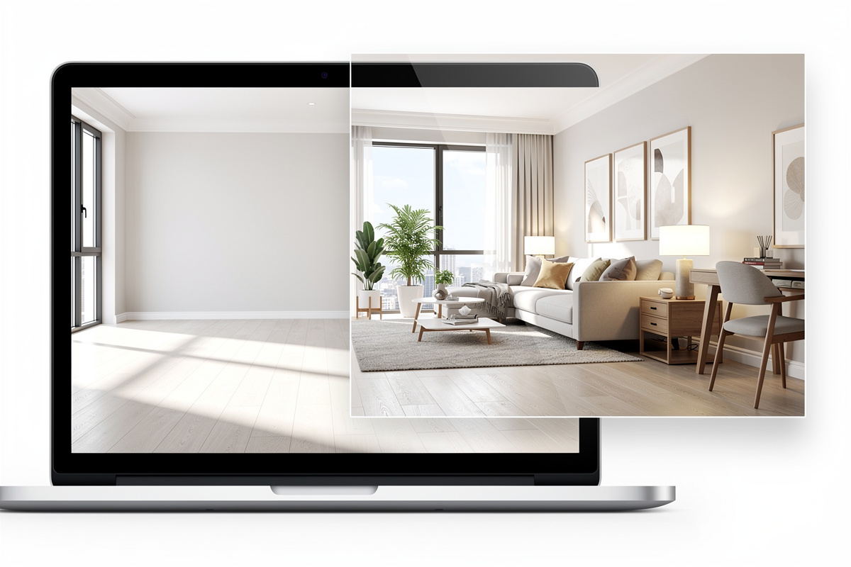 Exemple de home staging virtuel dans un appartement vide pour mieux montrer les volumes