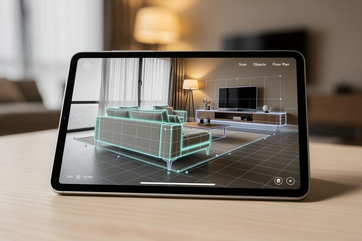 Analyse visuelle d'une pièce par un algorithme d'IA identifiant meubles, murs et sol