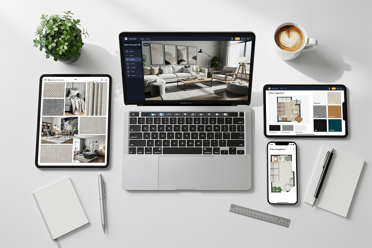 Sélection des meilleurs outils IA décoration intérieure affichés sur plusieurs écrans en 2026