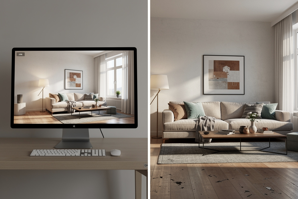 Comparaison entre un rendu IA décoration intérieure idéalisé et la réalité physique de la pièce