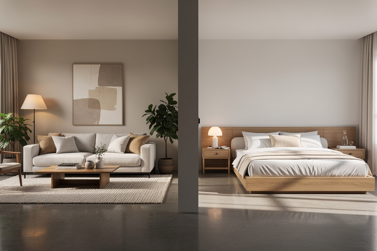 IA décoration intérieure adaptée au salon et à la chambre dans un intérieur réaliste