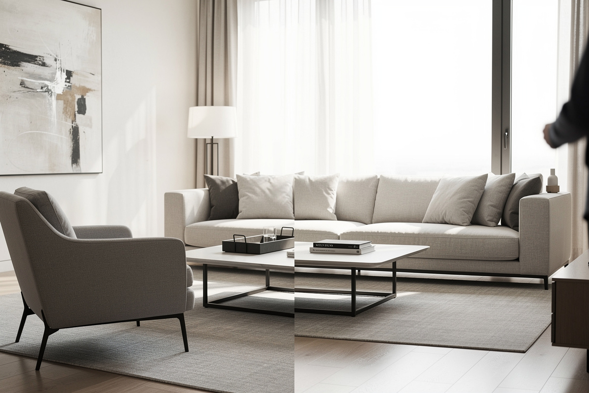 Correction des proportions du mobilier en IA décoration intérieure dans un salon moderne.
