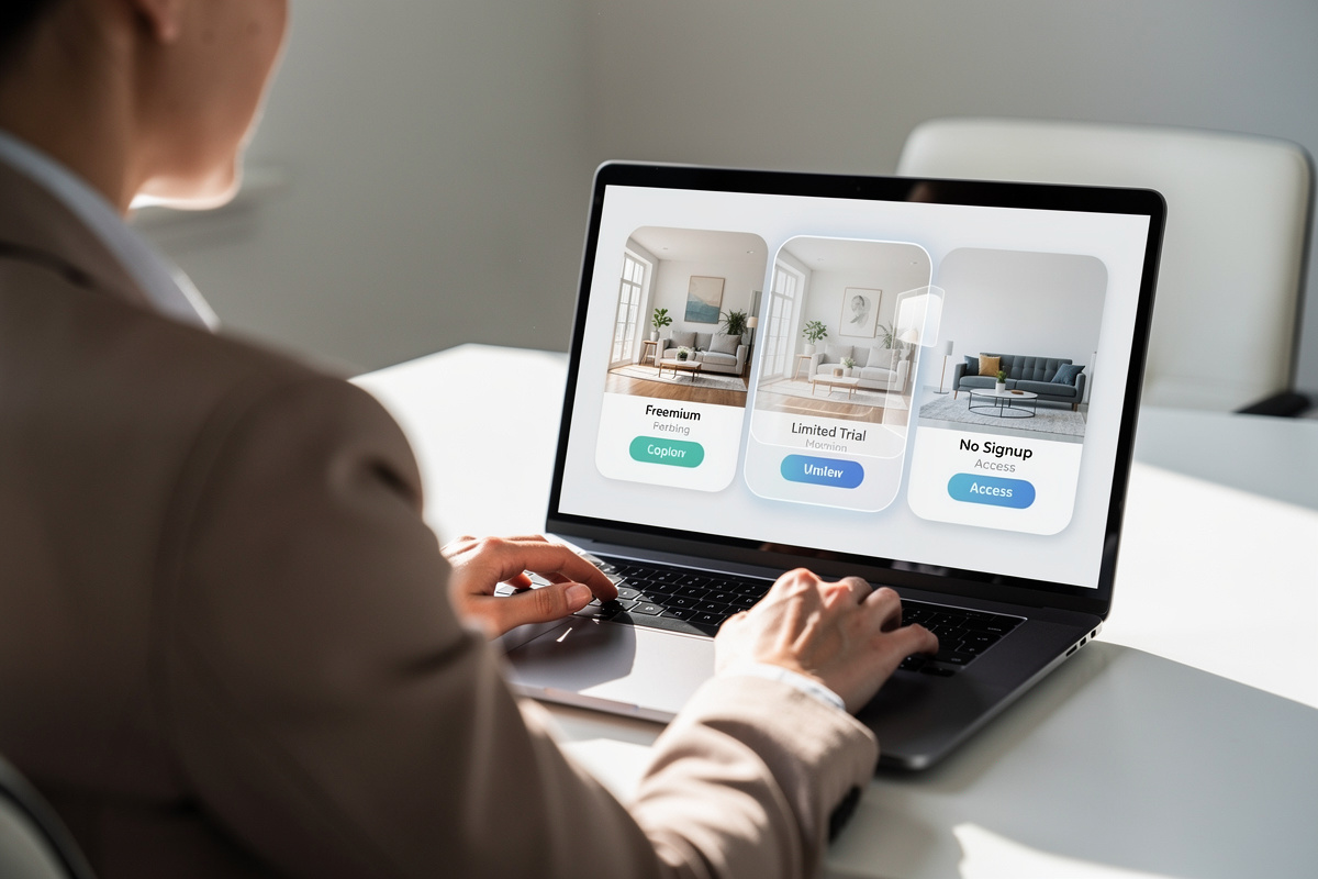 Comparaison visuelle d’un logiciel home staging gratuit en version freemium et essai limité