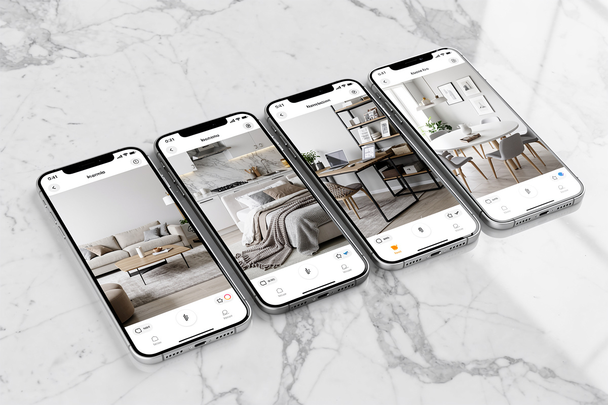 Comparatif de cinq logiciels de home staging gratuits affichés sur tablettes alignées