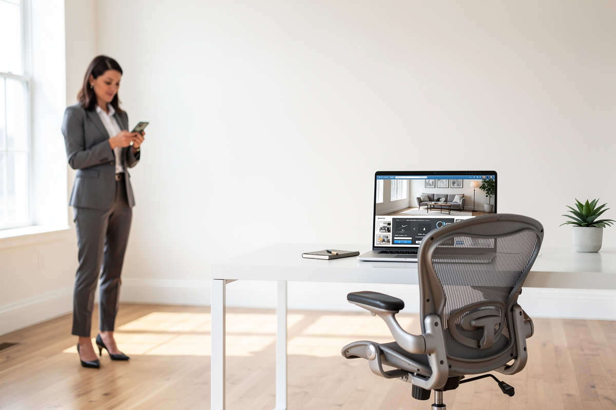 Expérience mobile et navigateur pour un logiciel home staging gratuit dans une pièce vide