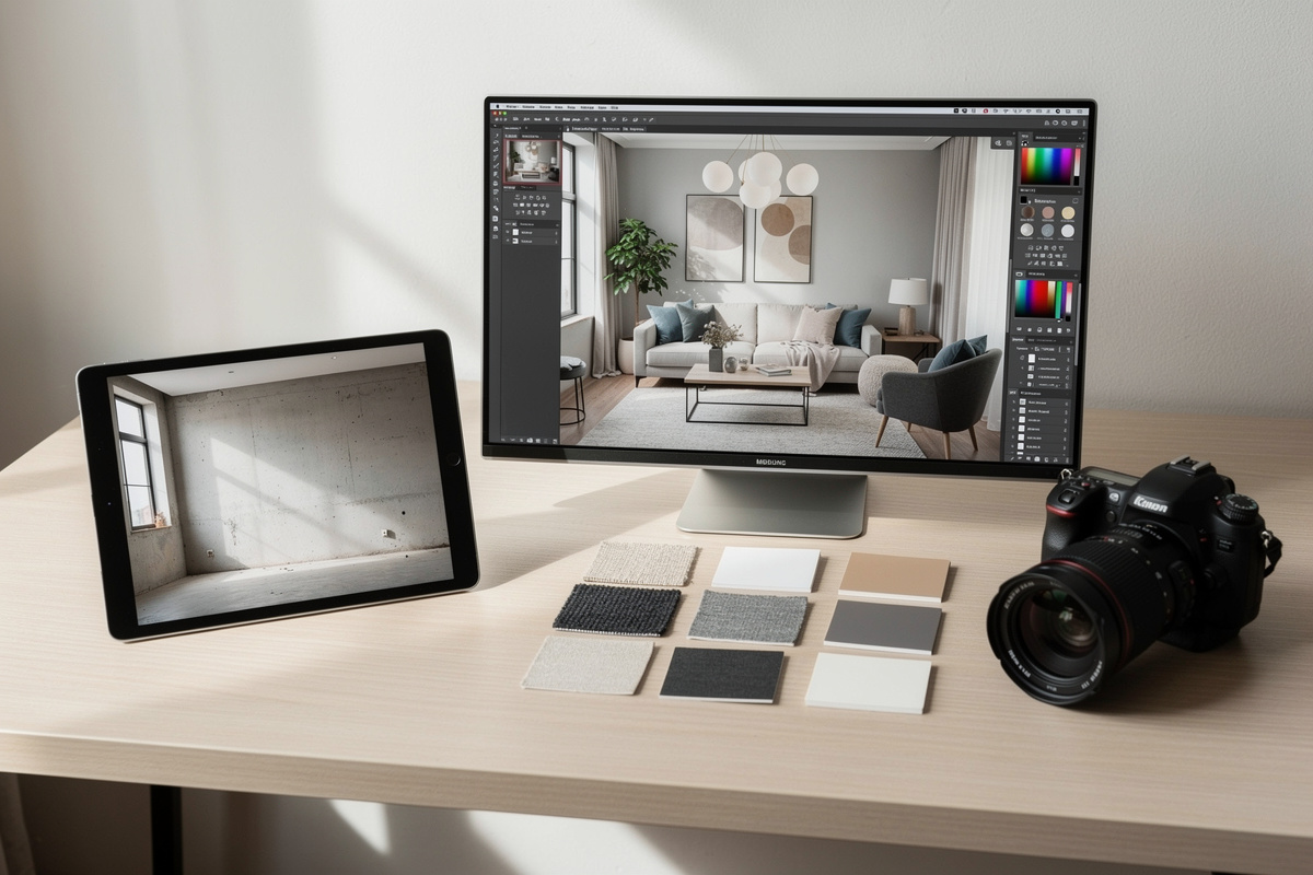 Workflow home staging immobilier avec photo brute, retouche et visuel vendeur sur écran