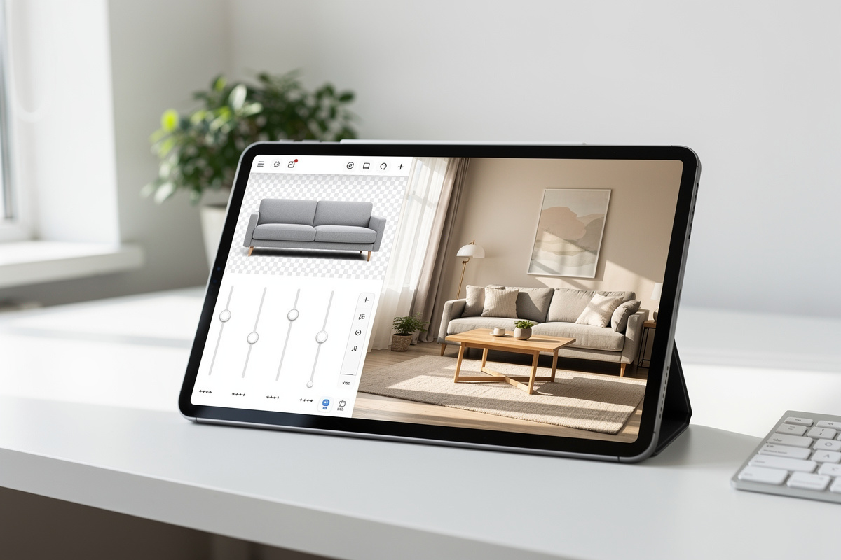 Comparaison visuelle entre logiciel home staging gratuit et simple éditeur photo dans un contexte immobilier.