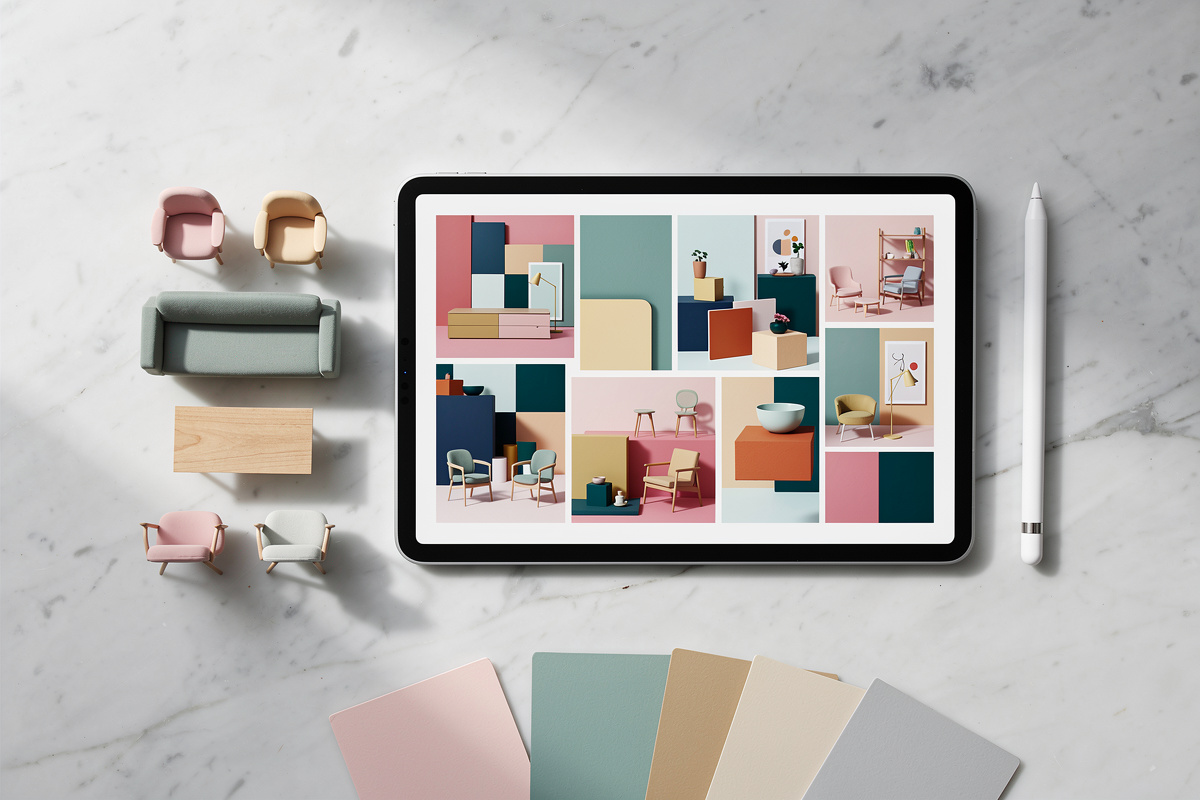 Vue comparative d'outils numériques de décoration intérieure sur tablette avec palettes de couleurs et maquettes de mobilier