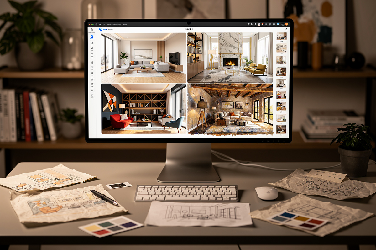 Écran affichant des visuels de décoration intérieure générés par IA avec différents styles créatifs et niveaux de réalisme