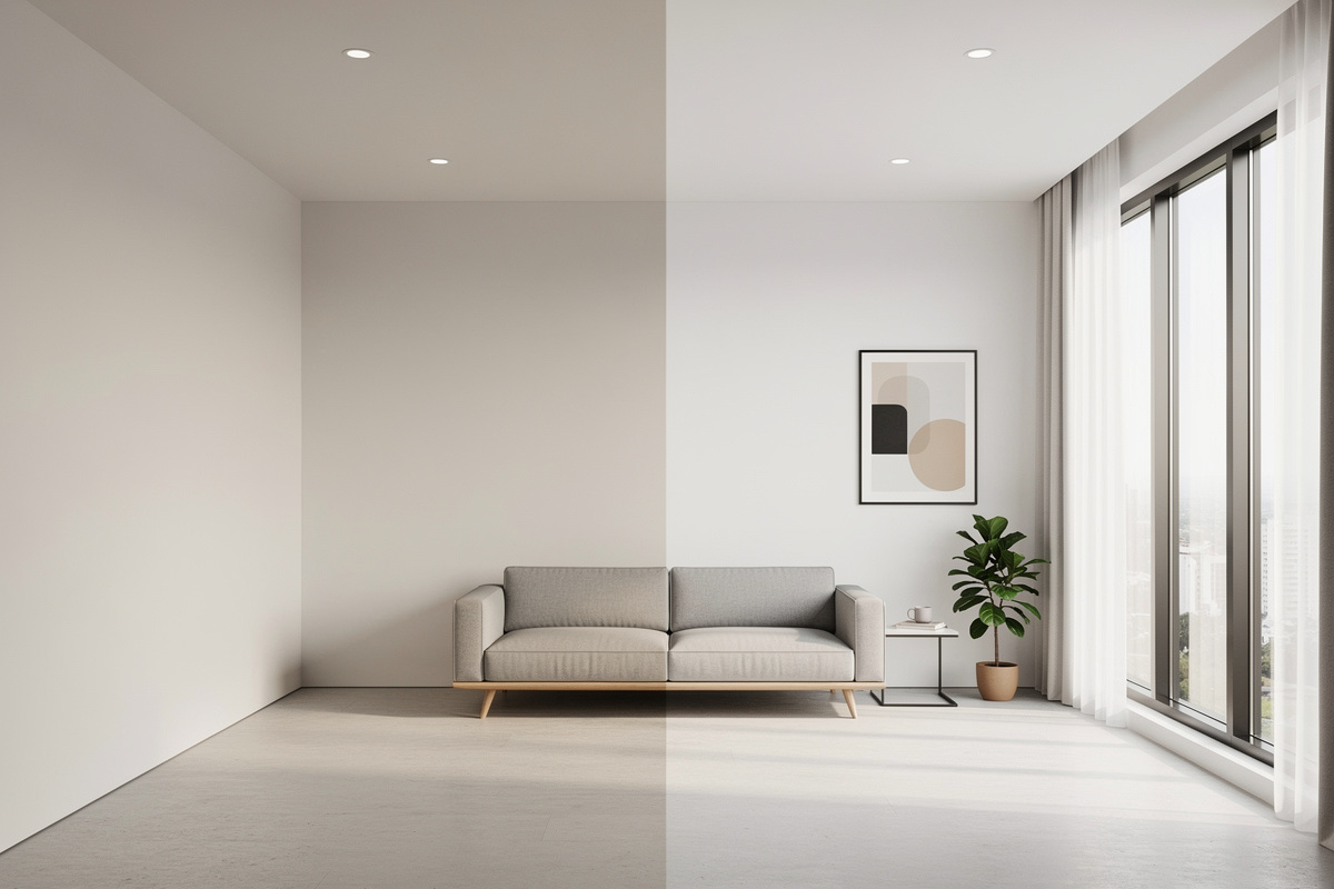 Exemple de photo interieur IA montrant la transformation d’une pièce simple sans home staging complet.