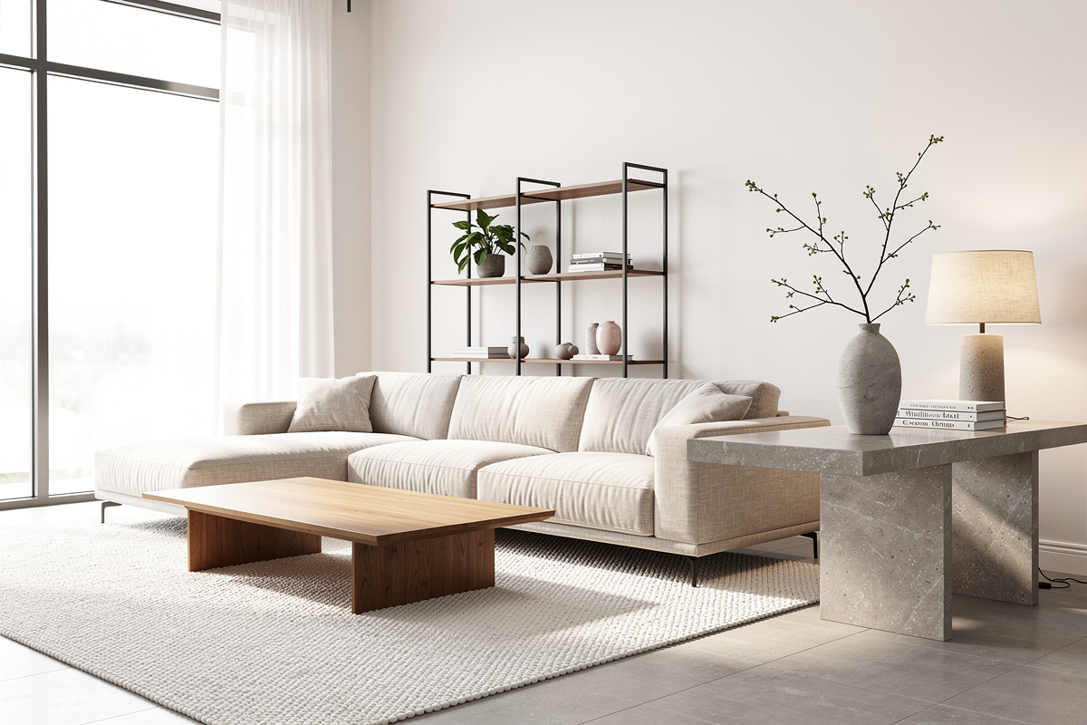 Photo interieur IA avec choix de style décoratif, matières et meubles virtuels dans un intérieur lumineux.