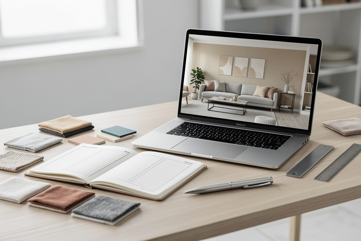 Méthode simple de prompt IA déco avec briefing structuré, ordinateur et échantillons déco.