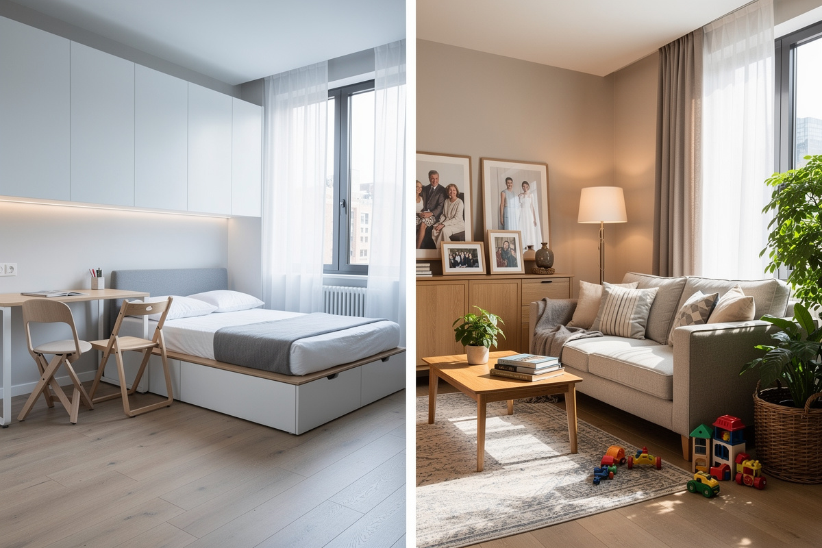Comparaison de style déco selon le type de bien, du studio à la maison familiale