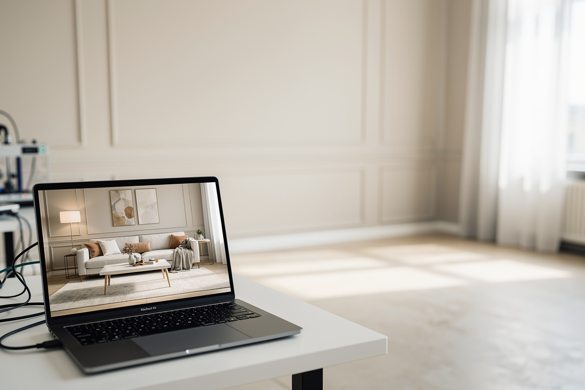 Visuel IA de style déco réaliste montrant un rendu vendeur avant aménagement