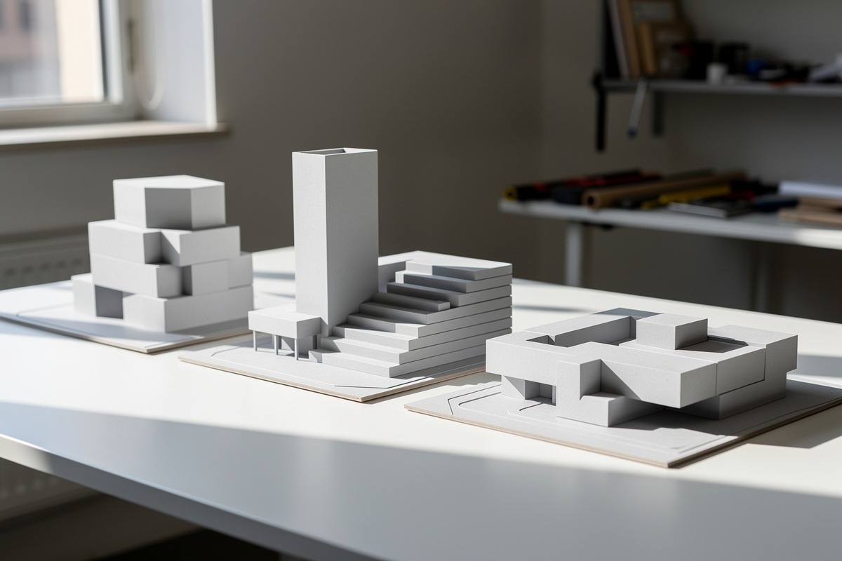 Comparaison de variantes de volumes crédibles en avant-projet architectural.