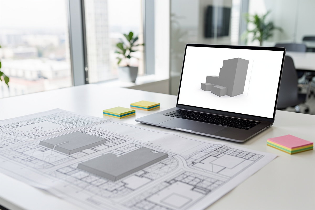 Plans, croquis et ordinateur pour cadrer un brief insertion 3D avant de lancer le rendu.